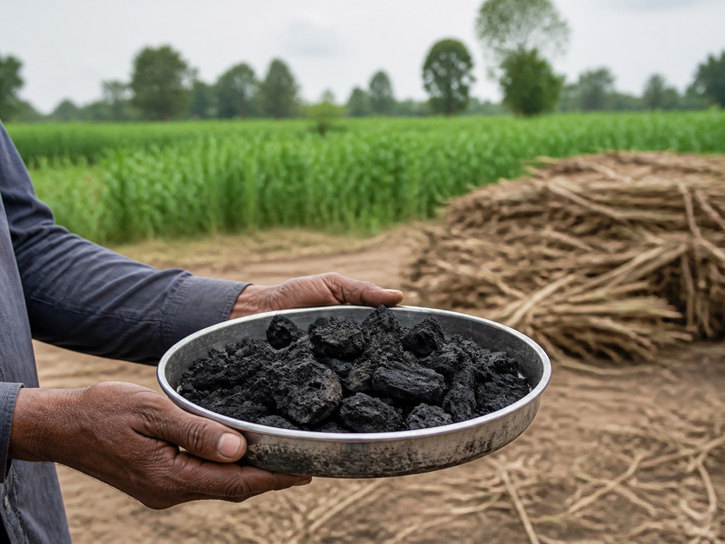 A farmer holds a bowl of biochar in front of a healthy green field, with residue bales beside it